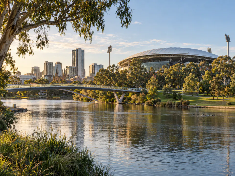 Adelaide riverfront with Adelaide Oval and the Riverbank Footbridge