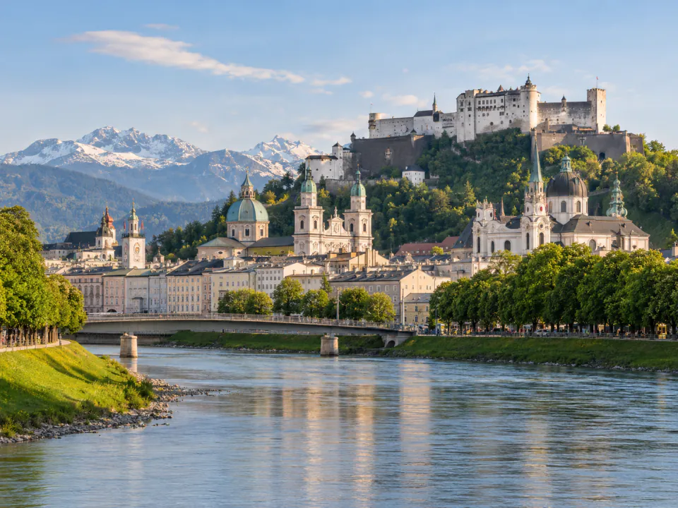 Salzburg cityscape with Hohensalzburg Fortress above the Salzach River